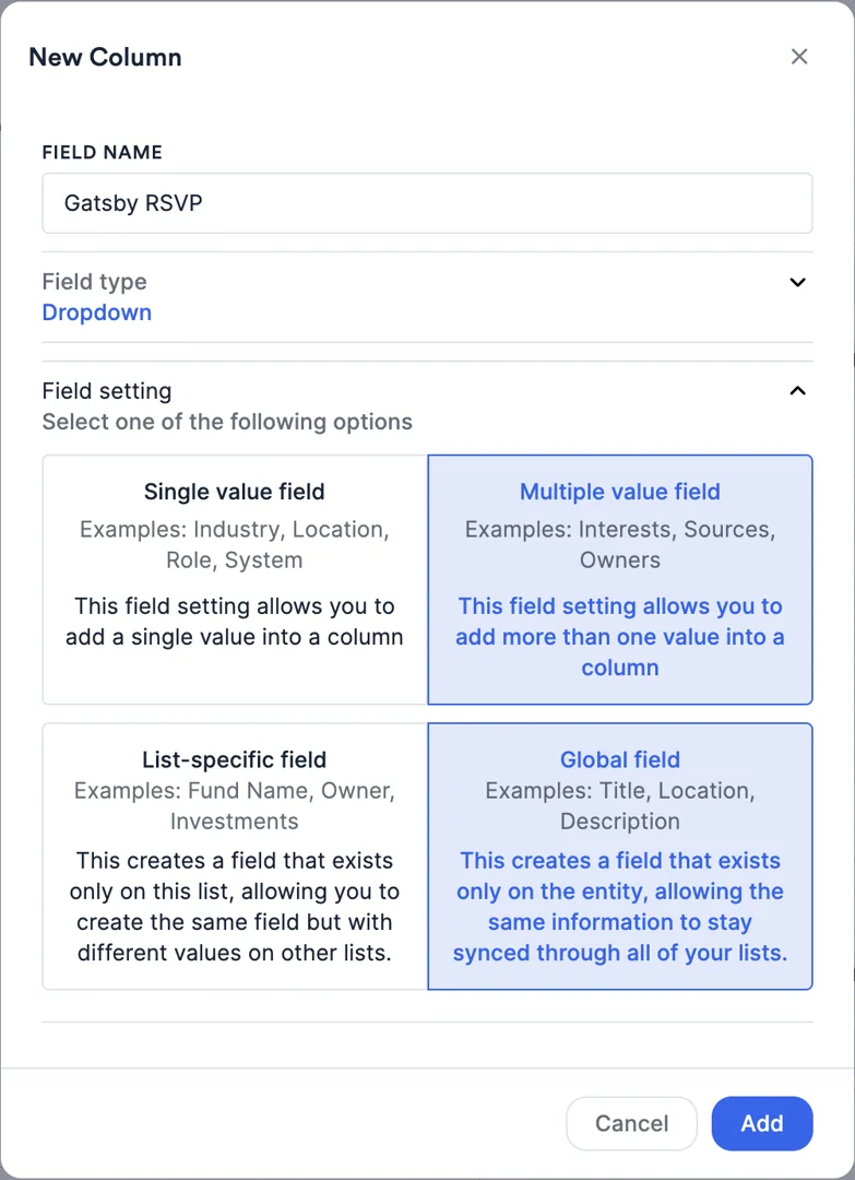 Affinity field configuration showing Multiple Value Dropdown settings